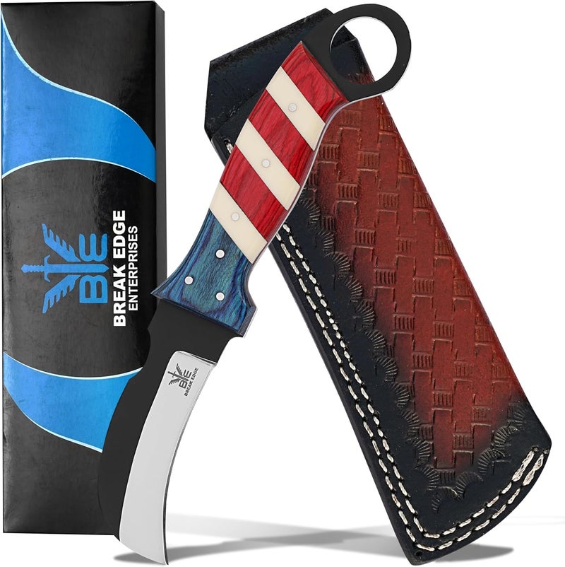 BE BREAK EDGE Handmade Steel Lineman’s Hawkbill knife with Leather sheath, Heavy Duty Utility Knife blade Electrician Wire Skinning knife for professional. (Red,White&Blue) - Image 1